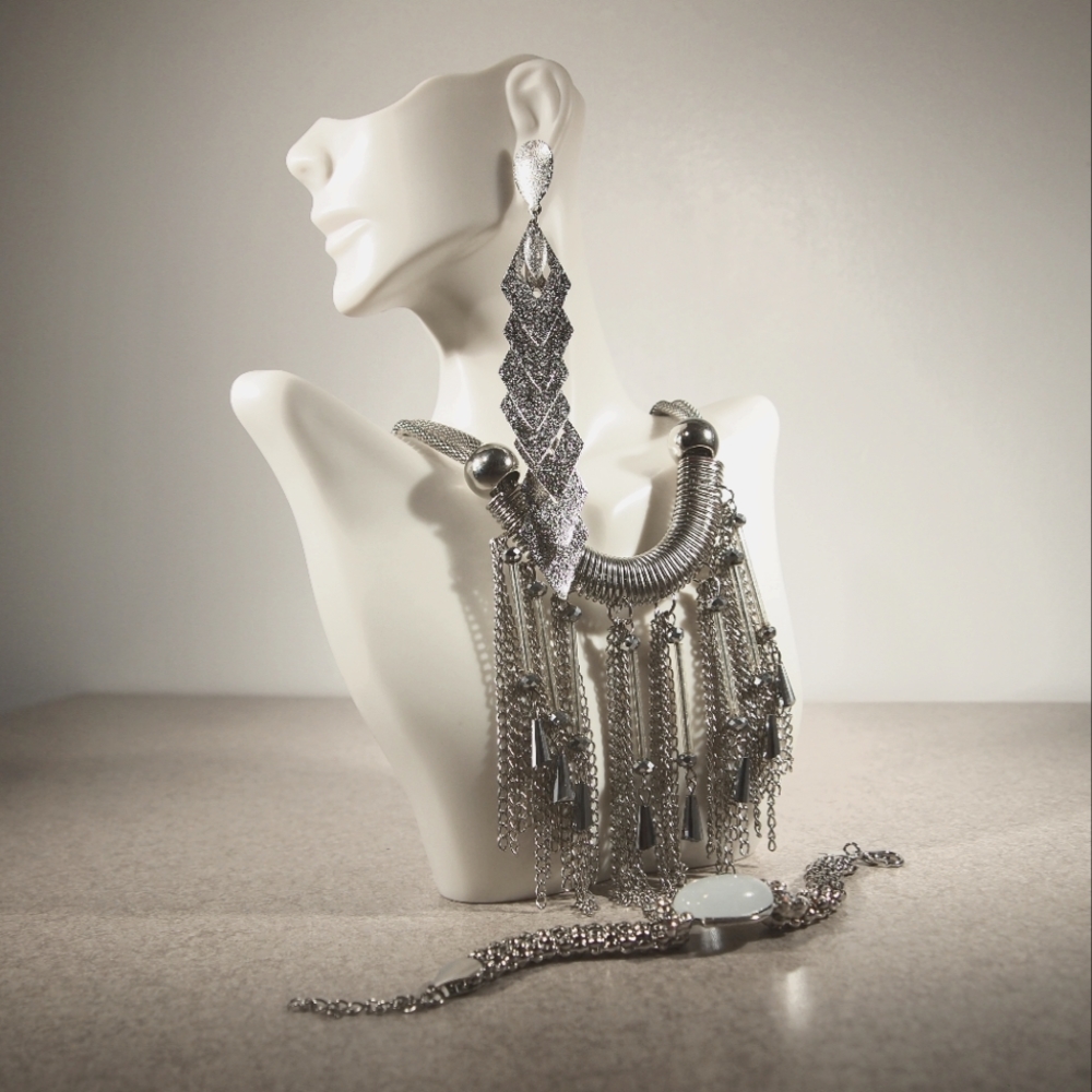 Silver Bracelet, Necklace, Earrings Set